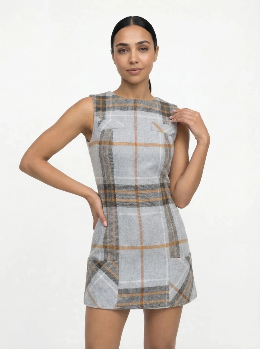 فستان كاروه رمادي