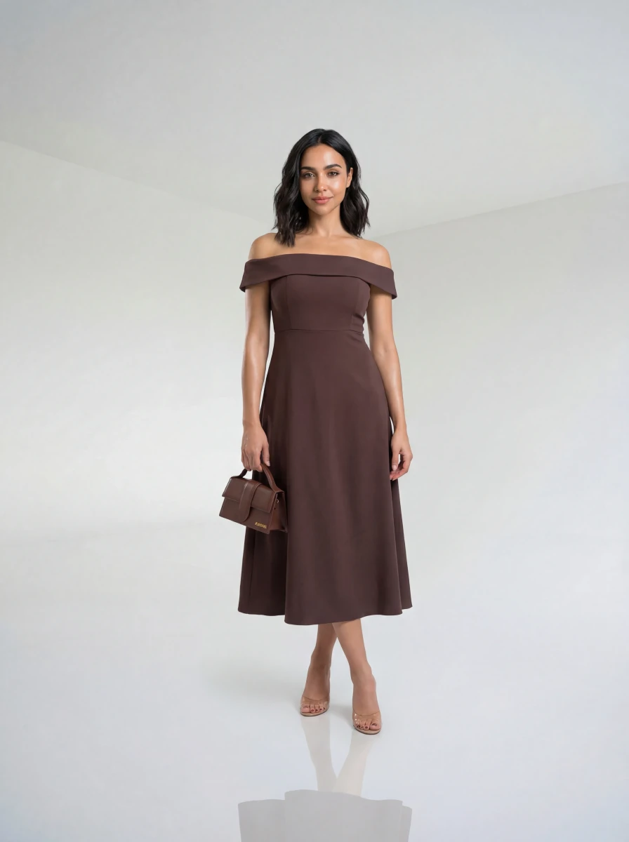 فستان ميدي أوف شولدر بني
