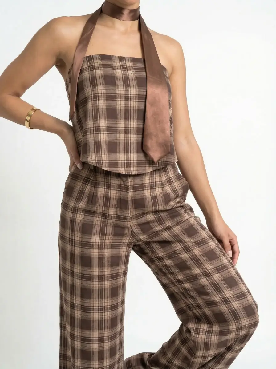 بنطال براون تشيك وايد