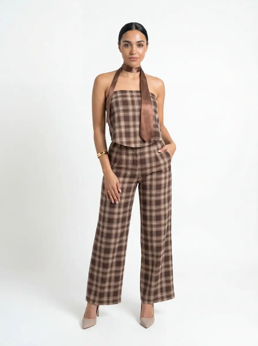 بنطال براون تشيك وايد