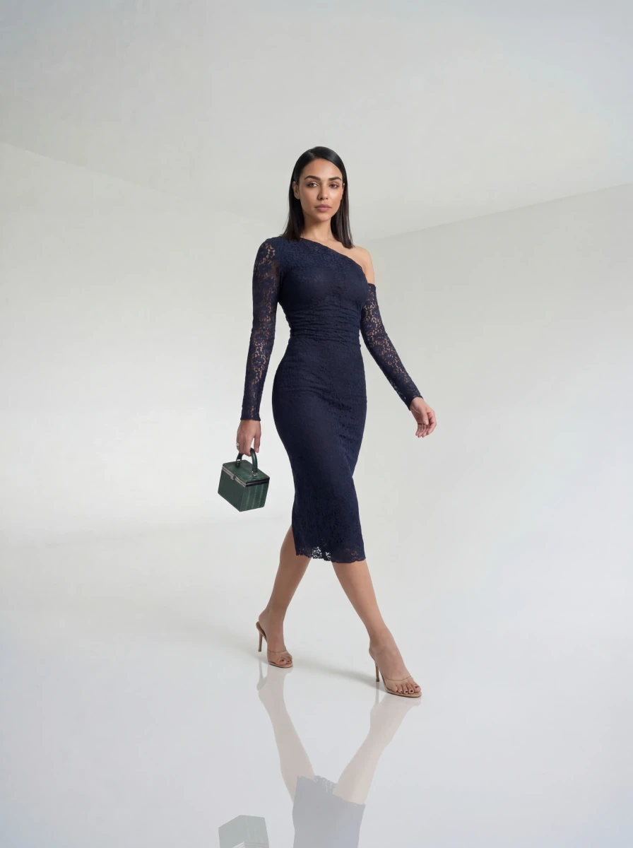 فستان كتف واحد دانتيل اسود