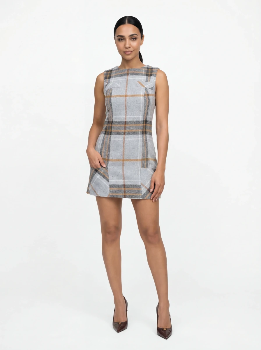 فستان كاروه رمادي