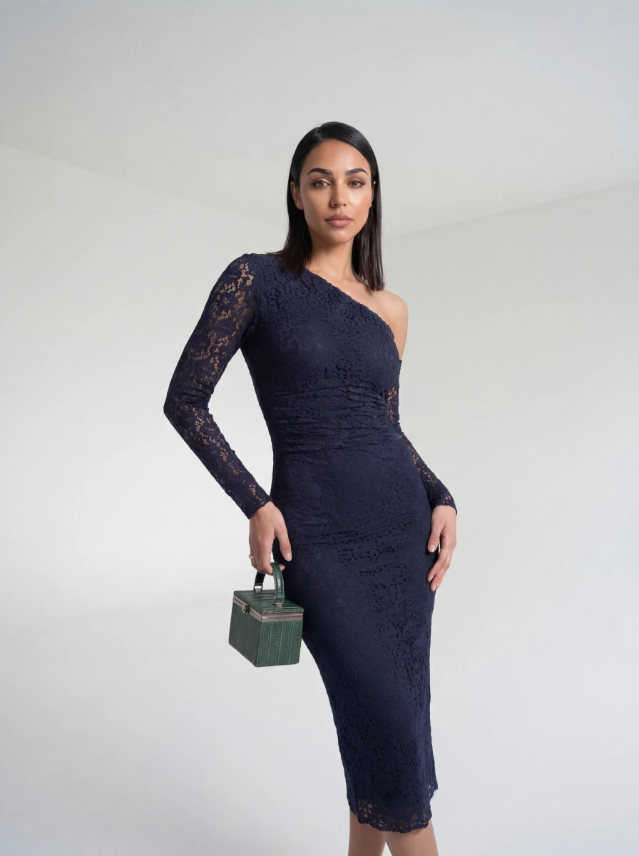 فستان كتف واحد دانتيل اسود