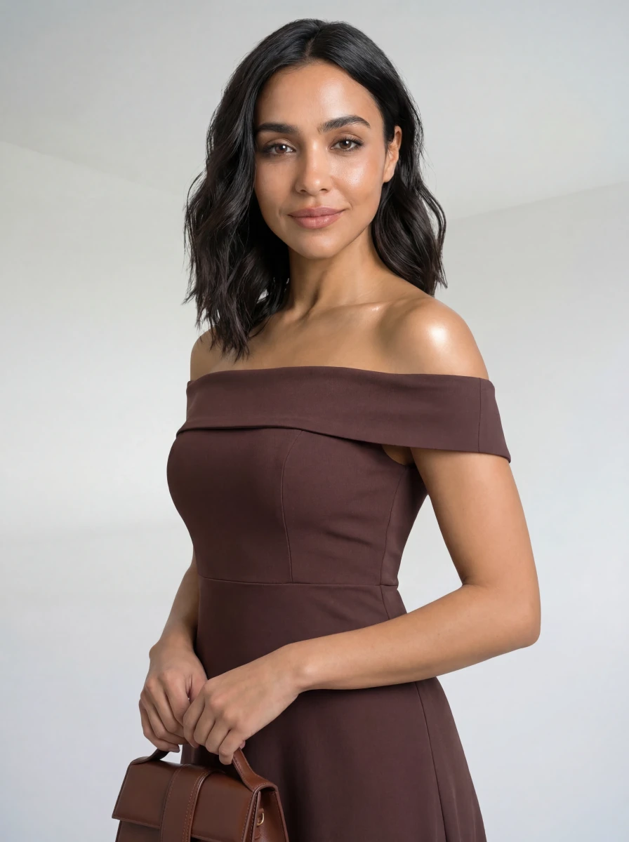 فستان ميدي أوف شولدر بني